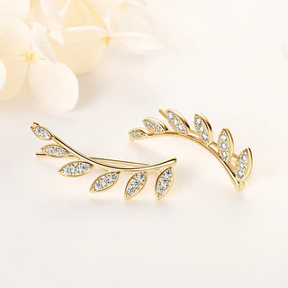OXTAO Trendy Leaf-Shaped Piercing Earrings Sterling 925 Silver Round Cut D VVS1 Moissanite Climber Earrings for Women Jewelry