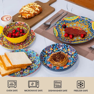 Dinner Plates set of 6, 24 Pieces Dinnerware Sets Microwave and Dishwasher Safe, Scratch Resistant, Bohemian Style Plates and Bo