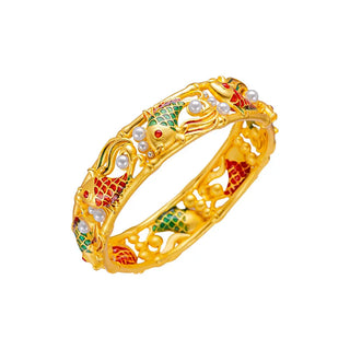 Luxury 24K 9999 Pure Gold real gold Burned Blue Buckle Pearl Koi Women's Open Bracelet Bracelet