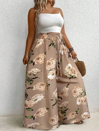 Elegant Printed Wide Leg Drawstring Pants