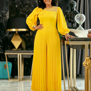 Stylish O Neck Long Lantern Beading Jumpsuit