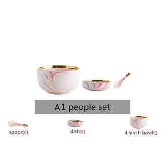 Pink Gilded Marble PatternPorcelain Dinner Plate Salad Noodles Bowl Spoon Ceramic Kitchen Tableware 1Set