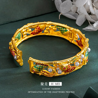 Luxury 24K 9999 Pure Gold real gold Burned Blue Buckle Pearl Koi Women's Open Bracelet Bracelet
