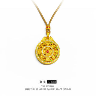 9999 24K real gold enamel ancient filigree pendant for women inlaid with diamond eight treasure compass palace style necklace