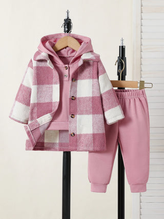 Baby girl autumn outfit sweet pink white plaid jacket hooded sweatshirt long pants three piece set daily street wear