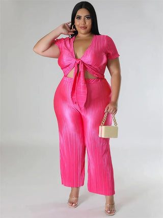 Wmstar Plus Size Two Piece Sets Women Clothing Solid V Neck Tops and Pants Wide Leg Matching Set Wholesale Dropshopping 2023