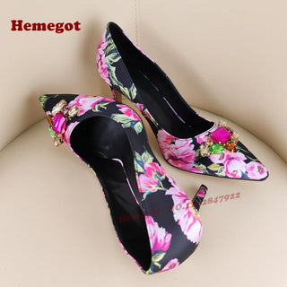 Pointy Toe Flower Print Gemstone Pumps
