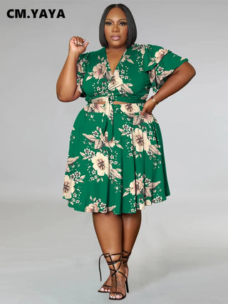 CM.YAYA Plus Size Elegant Women Two 2 Piece Set Outfits 2025 Summer Floral Print T-shirt + Midi Skirts Suits Fitness Tracksuit