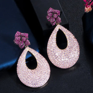 CWWZircons Flower CZ Long Dangle Drop Earrings for Women Bridal Elegant Red Pink Inlay Cubic Zirconia Summer Party Jewelry E0416