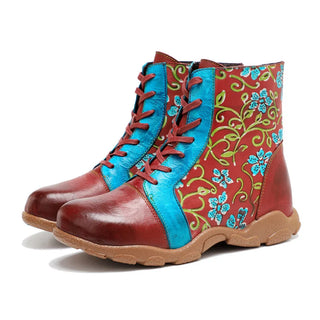 Multicolor Vintage Floral Leather Ankle Boots