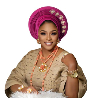 New African Headtie Turban Nigeria Head Ties with Flowers Already Made Auto Gele Women Head Wraps for Wedding Party