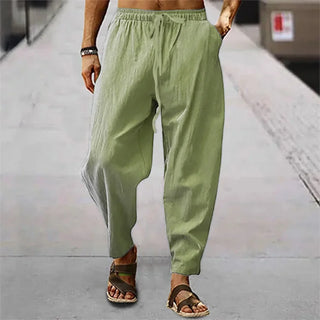 New Men Cotton Linen Pants Summer and Autumn Solid High Waist Wide-Leg Trousers Male Loose Hemp Casual Breathable Sports Pants