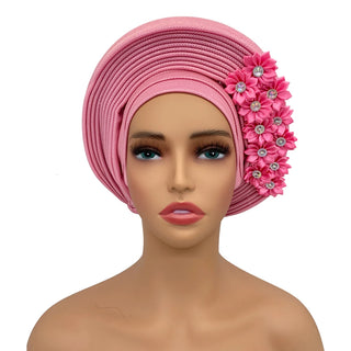 New African Headtie Turban Nigeria Head Ties with Flowers Already Made Auto Gele Women Head Wraps for Wedding Party