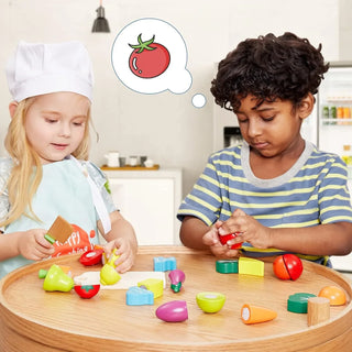 Wooden Fruit Vegetable Cutting Set with Cooking Apron Play Food Role Play Toy Kitchen Playset for Kids Children Gifts