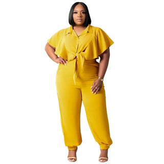 CM.YAYA Elegant Plus Size Loose Women's Set Tie Crop Ruffles Top +pencil Pants Suits Streetwear Tracksuit Two 2 Piece Set
