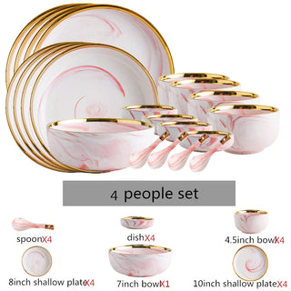 Pink Gilded Marble PatternPorcelain Dinner Plate Salad Noodles Bowl Spoon Ceramic Kitchen Tableware 1Set