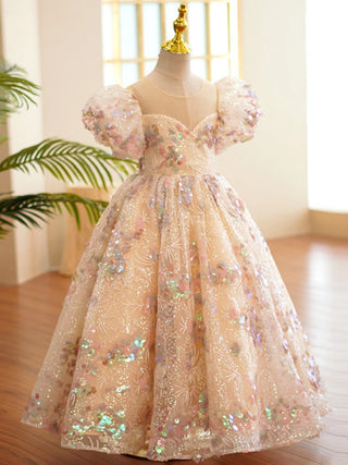 Sequined Puff Sleeve Flower Girls Dress