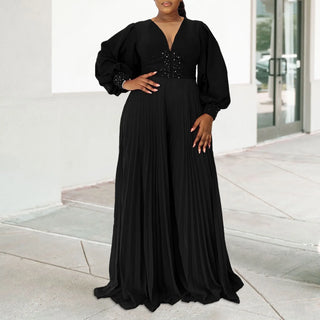 Elegant Jumpsuits Pleated for Woman V Neck Full Sleeve Beaded High Waisted Floor Length Luxury Birthday Party Dinner Rompers New