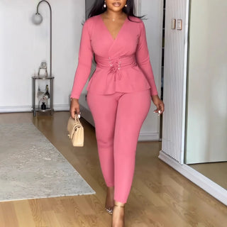 Elegant Casual V-neck 2 Pcs Pants Set