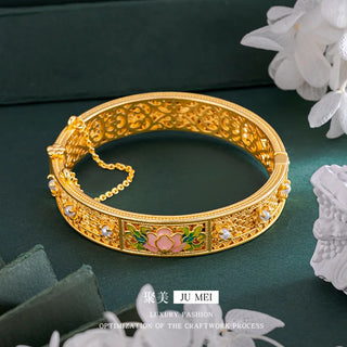 Luxury 24K 9999 Pure Gold real gold Women's Bracelet with Filigold and Rich Pearl