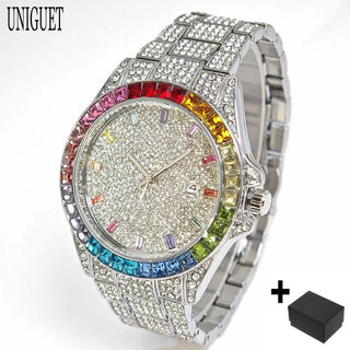 Men Rainbow Diamond Jewelry Quartz Wristwatch