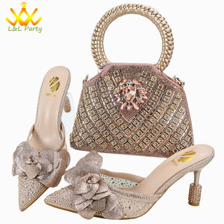 Orange Color New Arrivals Italian Design Nigerian Women Shoes and Bag Set Pointed Toe Slipper with Shinning Crystal for Party