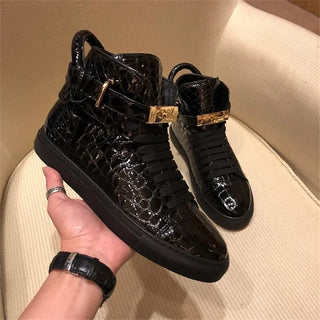 Glossy Patent Leather Crocodile Pattern Sneakers