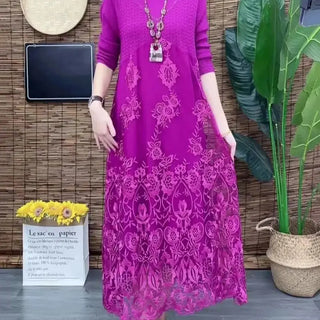 Elegant Floral Embroidered Patchwork Knit Dress Women Autumn Long Sleeve High Neck Beaded A-Line Party Midi Dresses Robe 633B