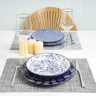 Dinnerware Sets 16 Piece, Ceramic Plates and Bowls Set, Embossed Dishes Set for 4, Housewarming, Blue
