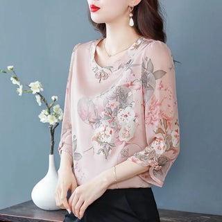 Ladies Loose Style Printing O-neck Blouse