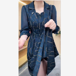 Korean Luxury Letter Printing Party Dress Autumn Elegant Women Notched Collar Puff Sleeve High Waist A-Line Midi Vestidos 912P