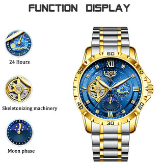 LIGE Man Mechanical Watch Stainless Steel Luxury Moon Phase Business Skeleton Waterproof Casual Automatic Movement Men's Watches