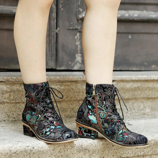 Women's Floral Print Block Heel Booties