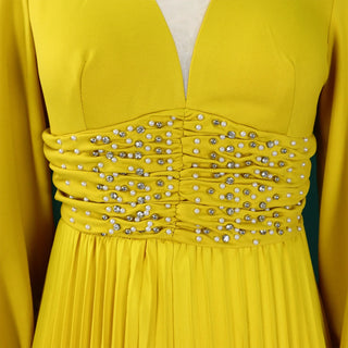 Elegant Jumpsuits Pleated for Woman V Neck Full Sleeve Beaded High Waisted Floor Length Luxury Birthday Party Dinner Rompers New