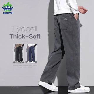 New Upgraded Autumn Winter Soft Cosy Lyocell Fabric Men's Pants Baggy Straight Elastic Waist Thick Wide Trousers Male Oversized