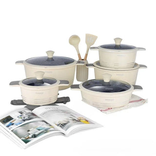 DONNOR 15pcs/set Non Stick Pan Cookware Ceramic Frying Pan Soup Pot with Lid Anti Scald Double Ear Stove Universal Kitchen Tools