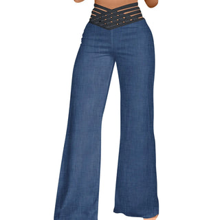 Women Hollow Belt Trousers Fashion Temperament Commuting Flared Trousers Daily Classic Solid Causal High Waist Wide Leg Pants