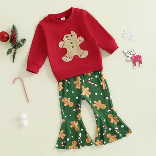 Christmas Gingerbread Man Girls Outfit Set Red Sweatshirt + Green Flared Pants 0-6Y Toddler Kids Clothing