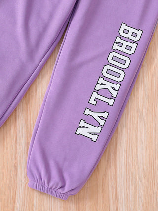 Girls' Autumn Children's 8-12 Y Fashion Sports White Letter Printed Hoodie+Purple Printed Pants 2-piece Set