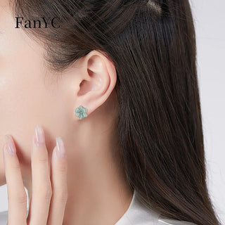 Natural Jadeite Blue Water Orchid Earrings S925 Silver Inlaid Hand-carved Exquisite Ancient Style Jade Petal Earrings Lady Gift