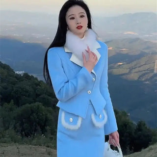 Autumn New Temperament Fur Patchwork Suit Elegant Pearl Buttons Women Jacket+High Waist Midi Skirt Celebrity Party Outfits 948P