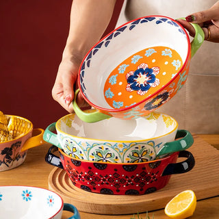 Bohemian Relief Double Ear Bowl, Ceramic Plate, Soup Plate, Oval Baking Tray, Tableware, Salad Bowl, Kitchen Utensils