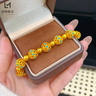 The same style as gold shop 24K real gold enamel hollow filament round bead bracelet au999 gold bracelet retro fashion