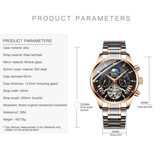 BIDEN Men's Multi functional Sun Moon Star Mechanical Watch Fashion Business Night Light Waterproof Sports Watch