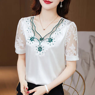 Satin Lace Floral Stitching V neck Blouse