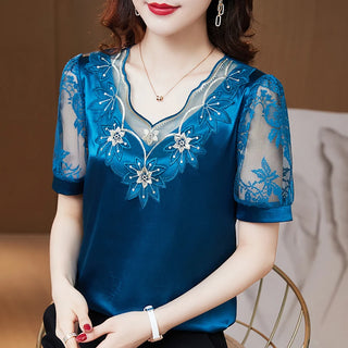 Satin Lace Floral Stitching V neck Blouse