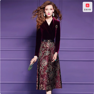 Vintage Jacquard Patchwork Velvet Dress Women Autumn Winter New Elegant Notch Collar Long Sleeved A-Line Party Midi Dresses J974