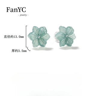 Natural Jadeite Blue Water Orchid Earrings S925 Silver Inlaid Hand-carved Exquisite Ancient Style Jade Petal Earrings Lady Gift