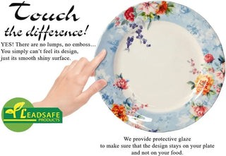 ROYAL 12-Piece Porcelain Round Dinnerware Set, Service for 4, VICTORIA Green Design, Blue Floral, Plates Bowls Dishes, Premium Q