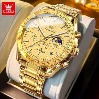 OLEVS Brand New Luxury Rose Gold Quartz Watch Men Stainless Steel Waterproof Luminous Date Moon Phase Chronograph Watches Mens